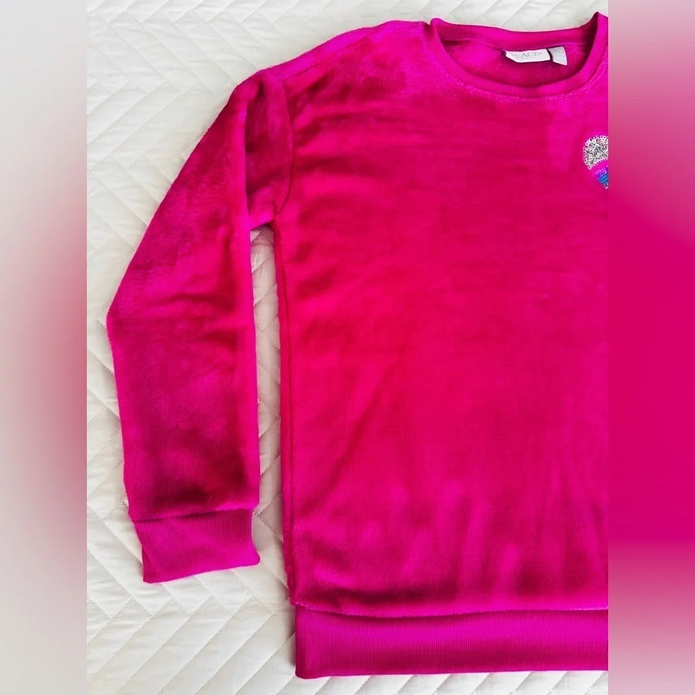 Childrens Place Fuchsia Sequin Heart Furry Sherpa Sweatshirt Top Size XL 14